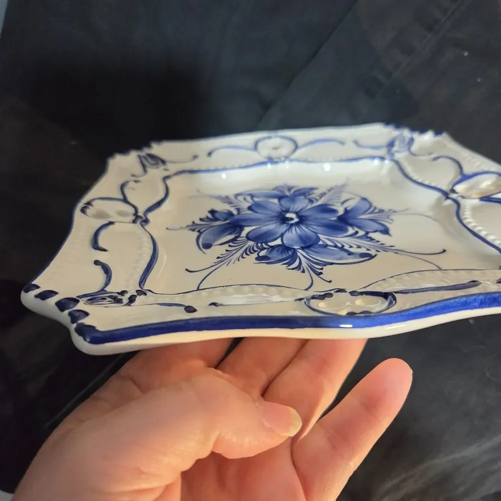 RCCL Hand Painted Square Plate Blue & White Floral Made In Portugal